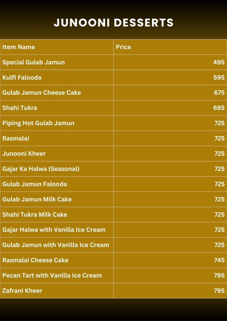 Junoon Heritage Menu