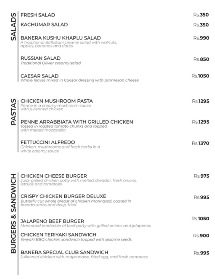 Banera Rooftop Menu