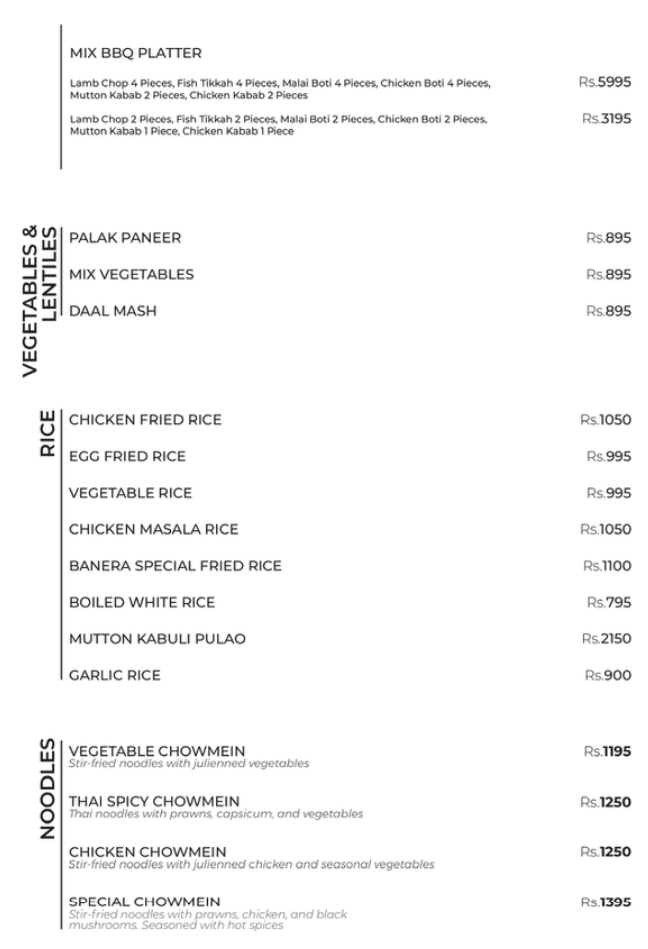 Banera Rooftop Menu