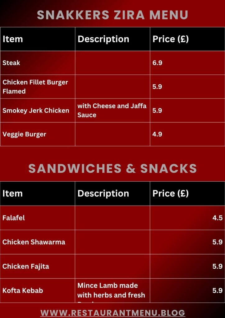 Jaffa Friargate Menu