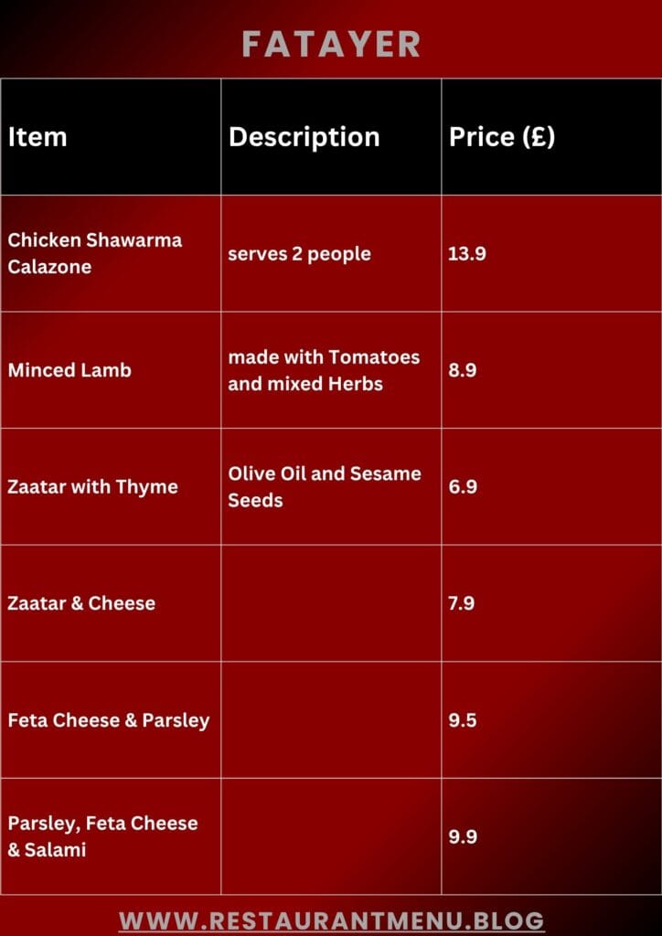 Jaffa Friargate Menu