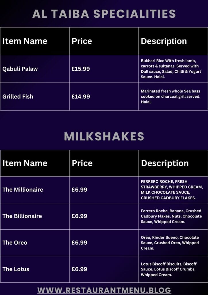 Al Taiba Bukhari Menu
